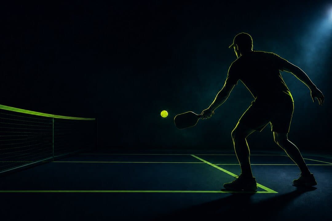 Un jugador de pickleball, a contraluz, ejecutando un dink bajo junto a la red