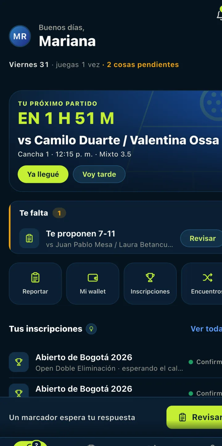 Mi juego: Tu partido en curso, con su cancha y su marcador